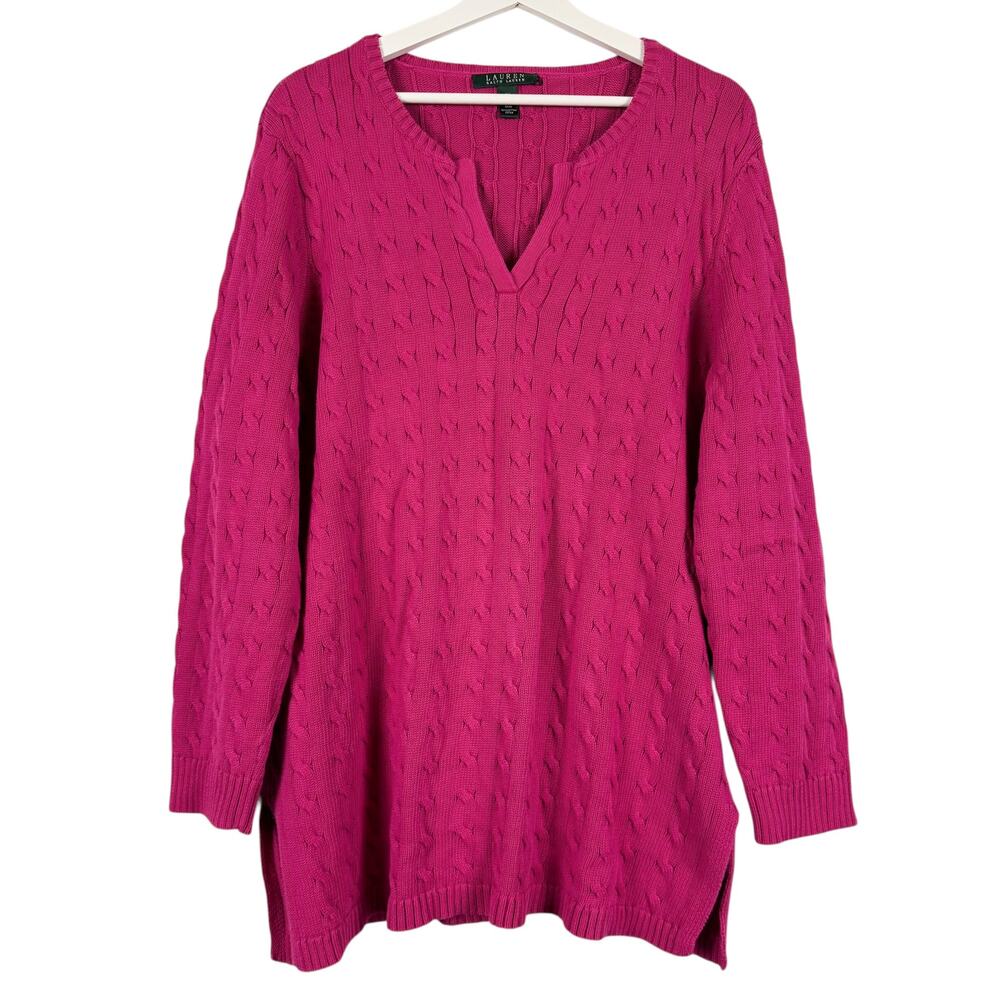 Lauren Ralph Lauren V Neck Cable Knit Pull Over 100% Cotton Sweater Sz 2X Preppy